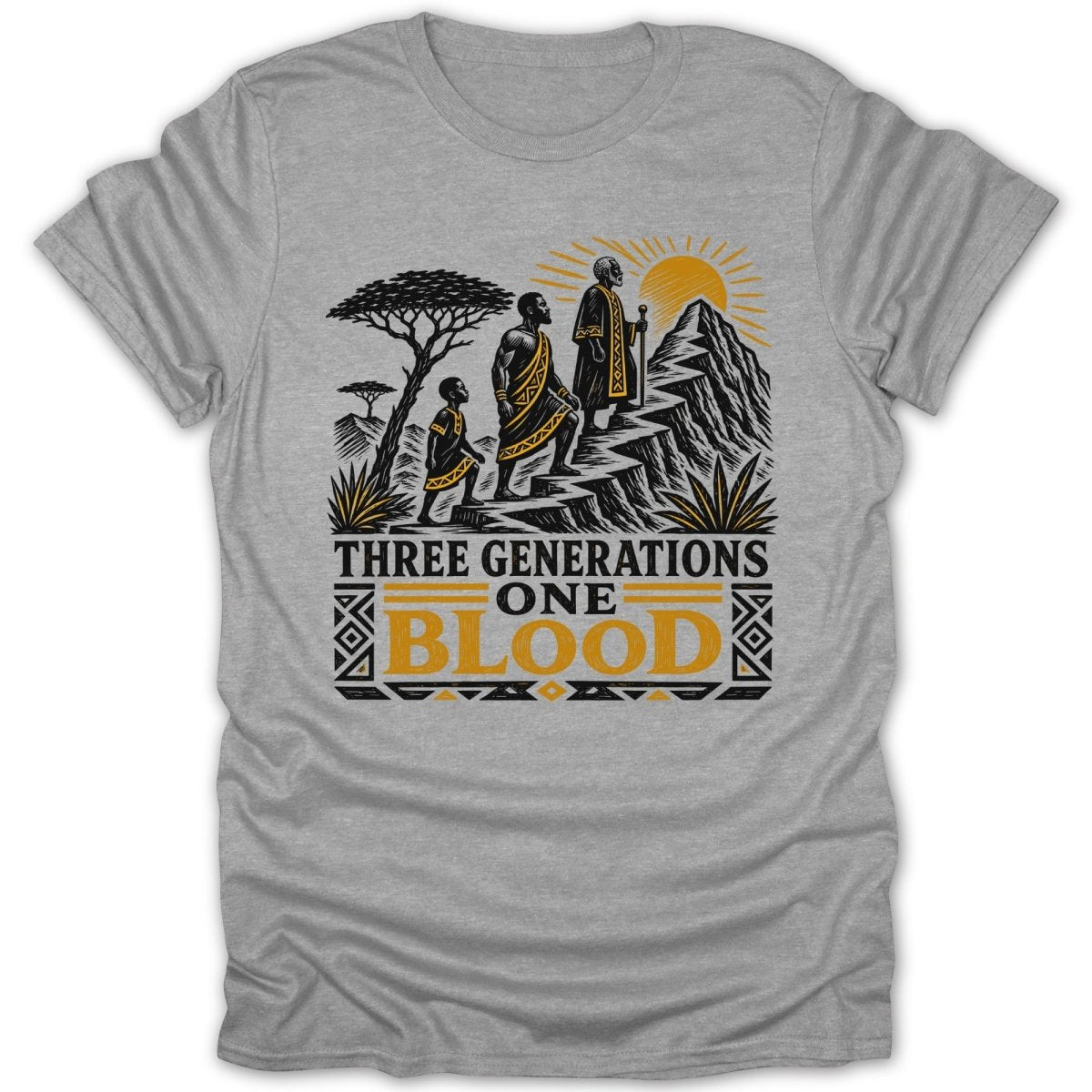 T-shirt with illustration of three generations walking uphill, text reads "THREE GENERATIONS ONE BLOOD."