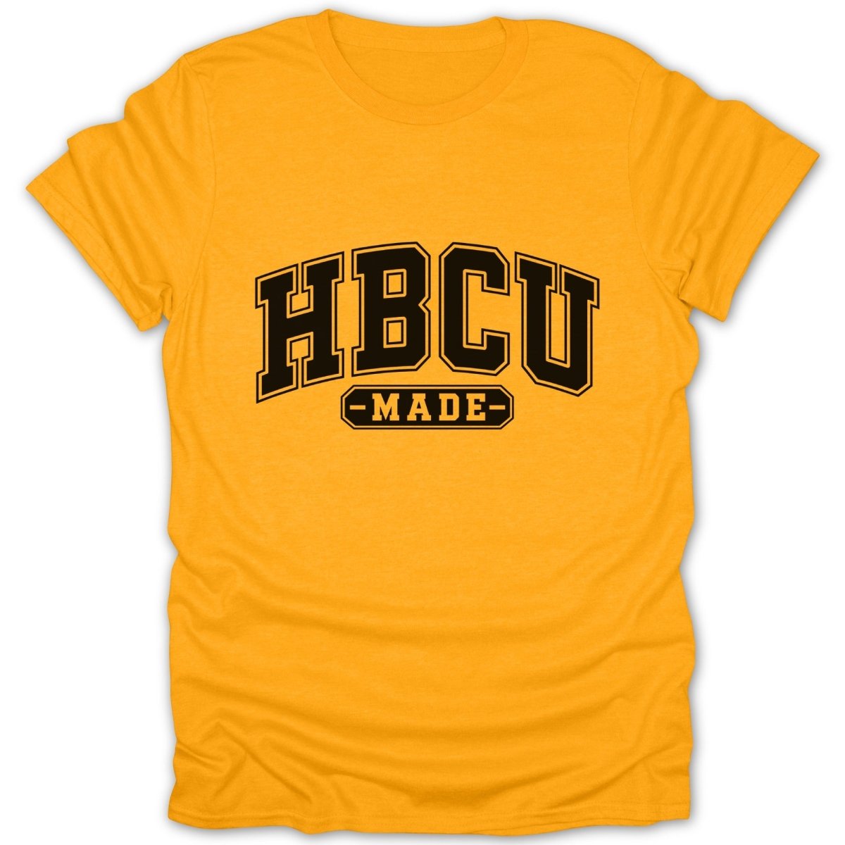 Gold t-shirt with black arched "HBCU" and "MADE" text.