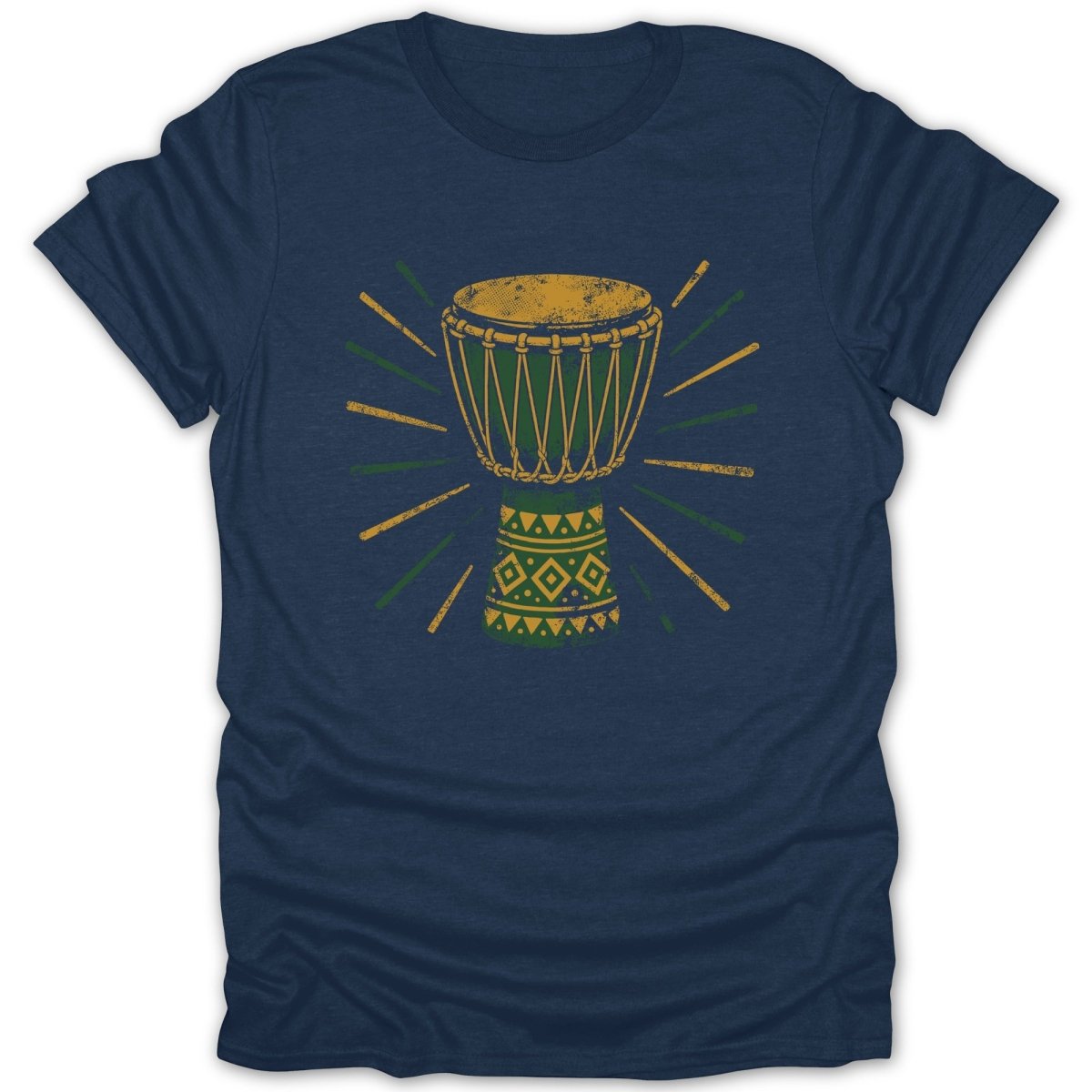 Navy t-shirt with a distressed green and gold djembe drum graphic and emanating lines.