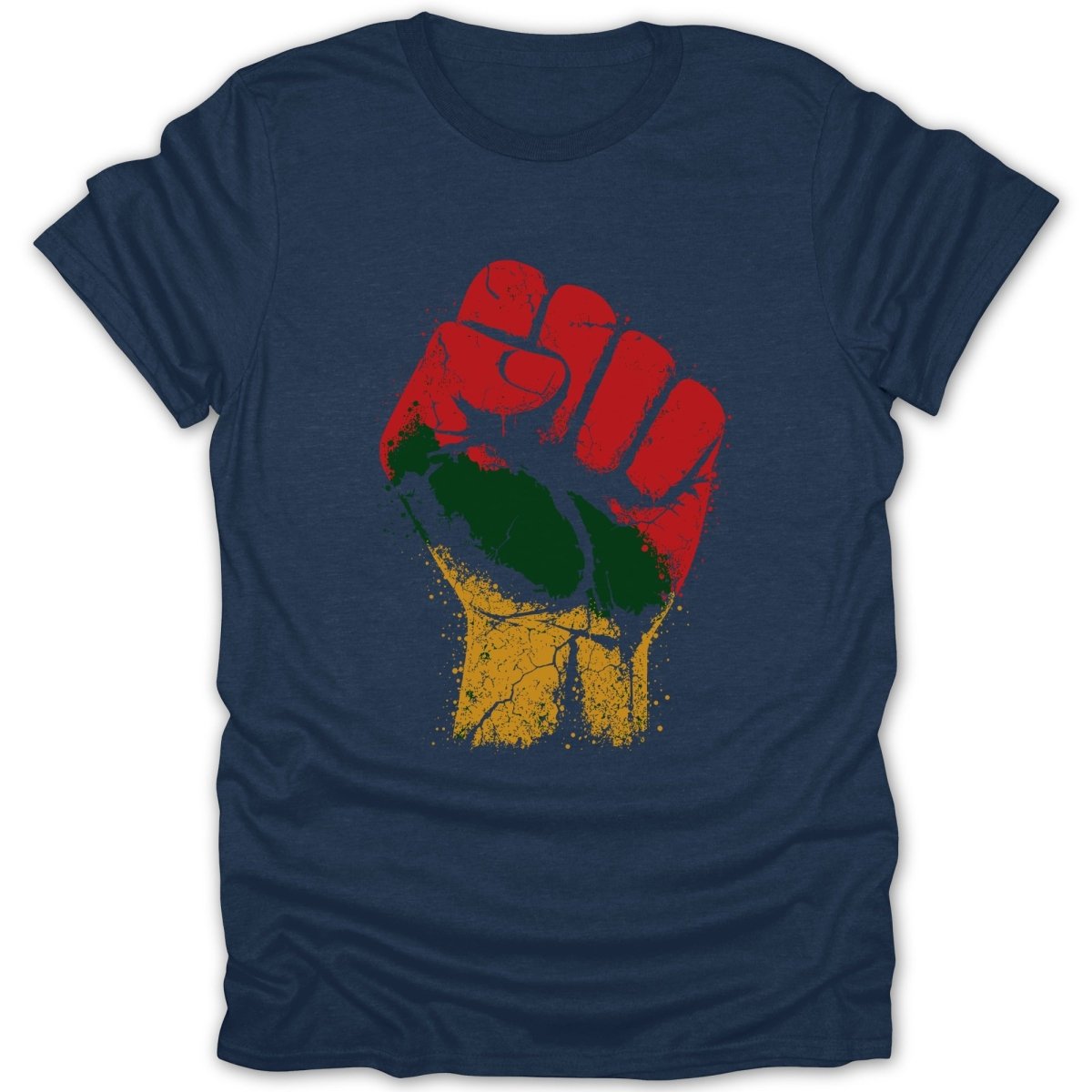 Navy t-shirt with a red, green, and yellow raised fist graphic.