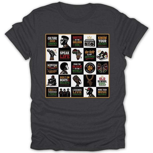 T-shirt with a grid of 12 squares featuring hip-hop culture artwork and text.