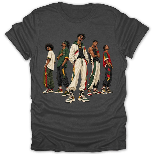 Five men in stylish streetwear stand in a line, centered on a dark t-shirt.