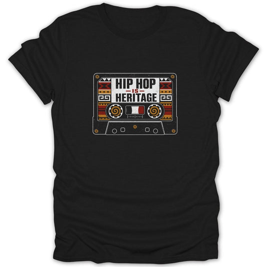 Black t-shirt with a cassette tape graphic saying "Hip Hop Is Heritage".