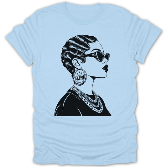 Black graphic of a woman wearing sunglasses, large hoop earrings, and chains.