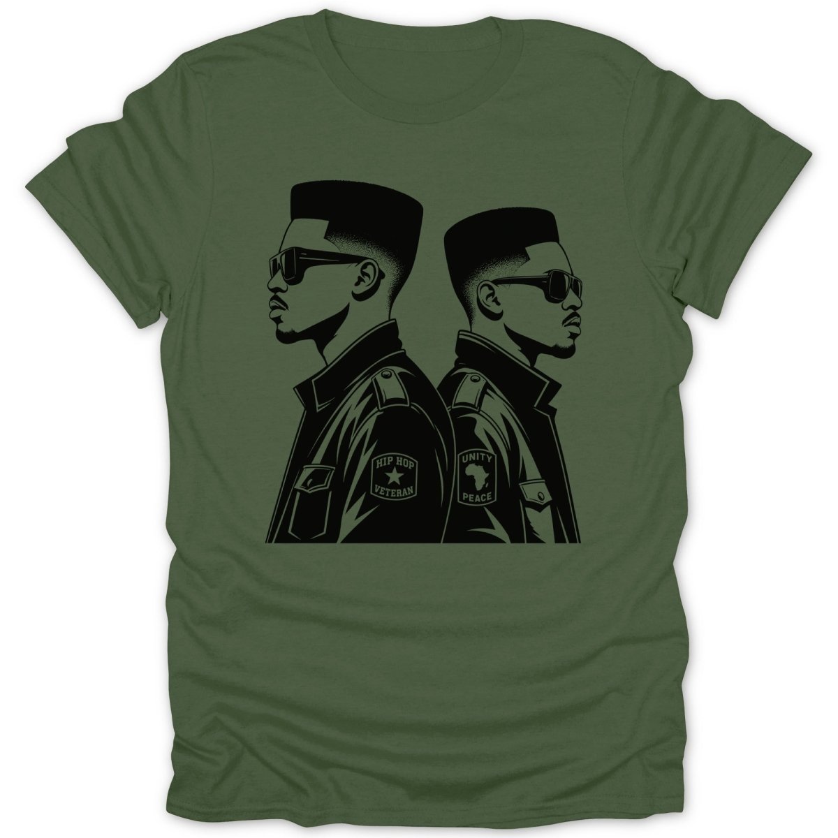 Two men in profile wearing sunglasses and distinct hairstyles, with badges on their jackets.