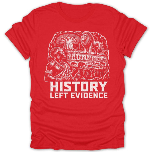 Red t-shirt with "HISTORY LEFT EVIDENCE" and a scene depicting ancient life.