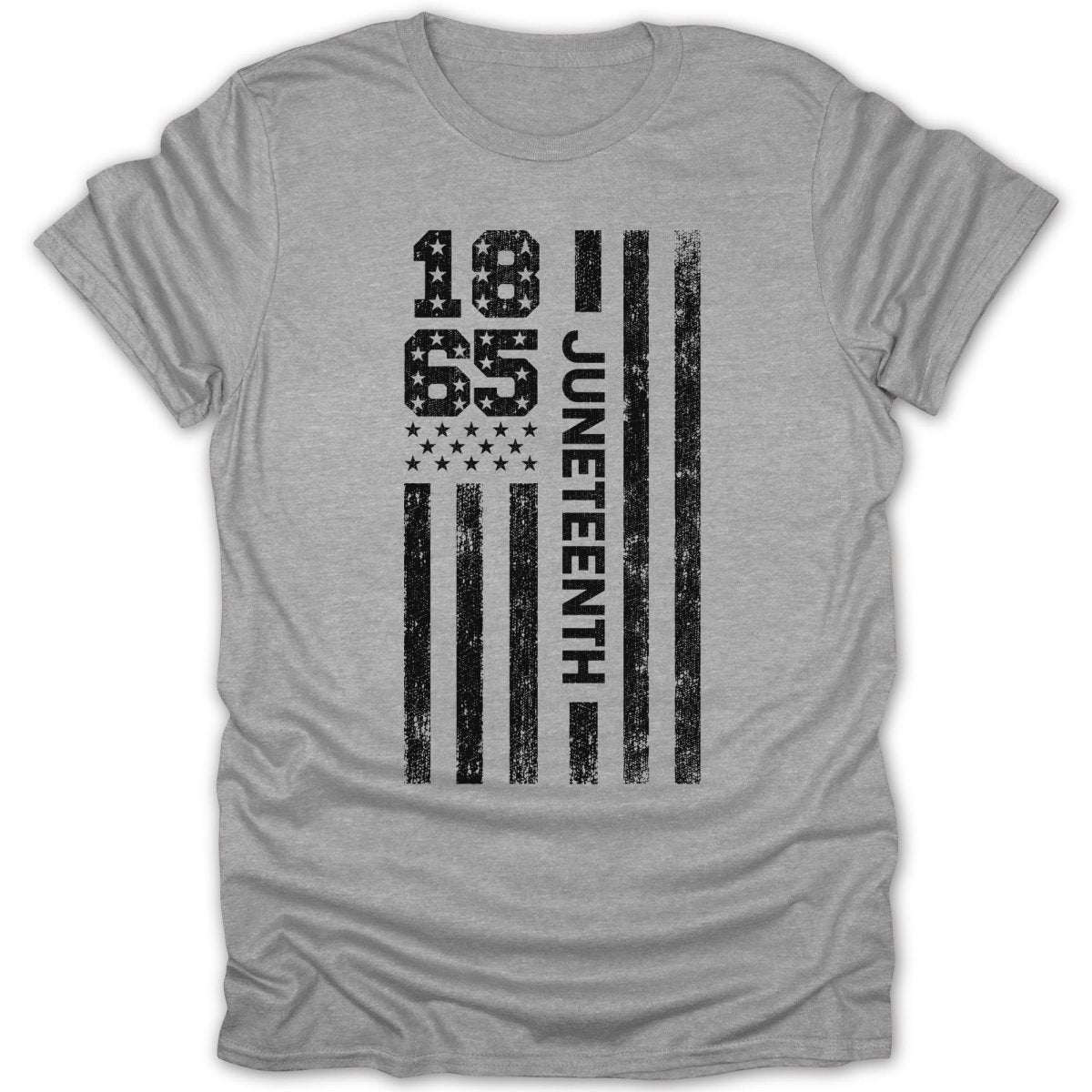 Juneteenth 1865 flag design on a gray t-shirt.