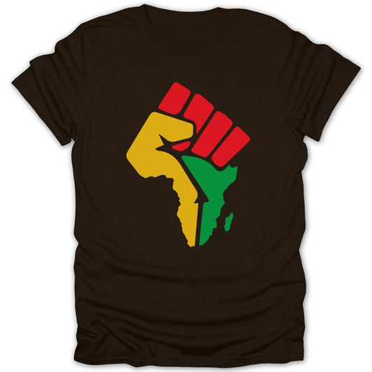 Brown t-shirt with Africa outline in raised fist, colored red, yellow, green.