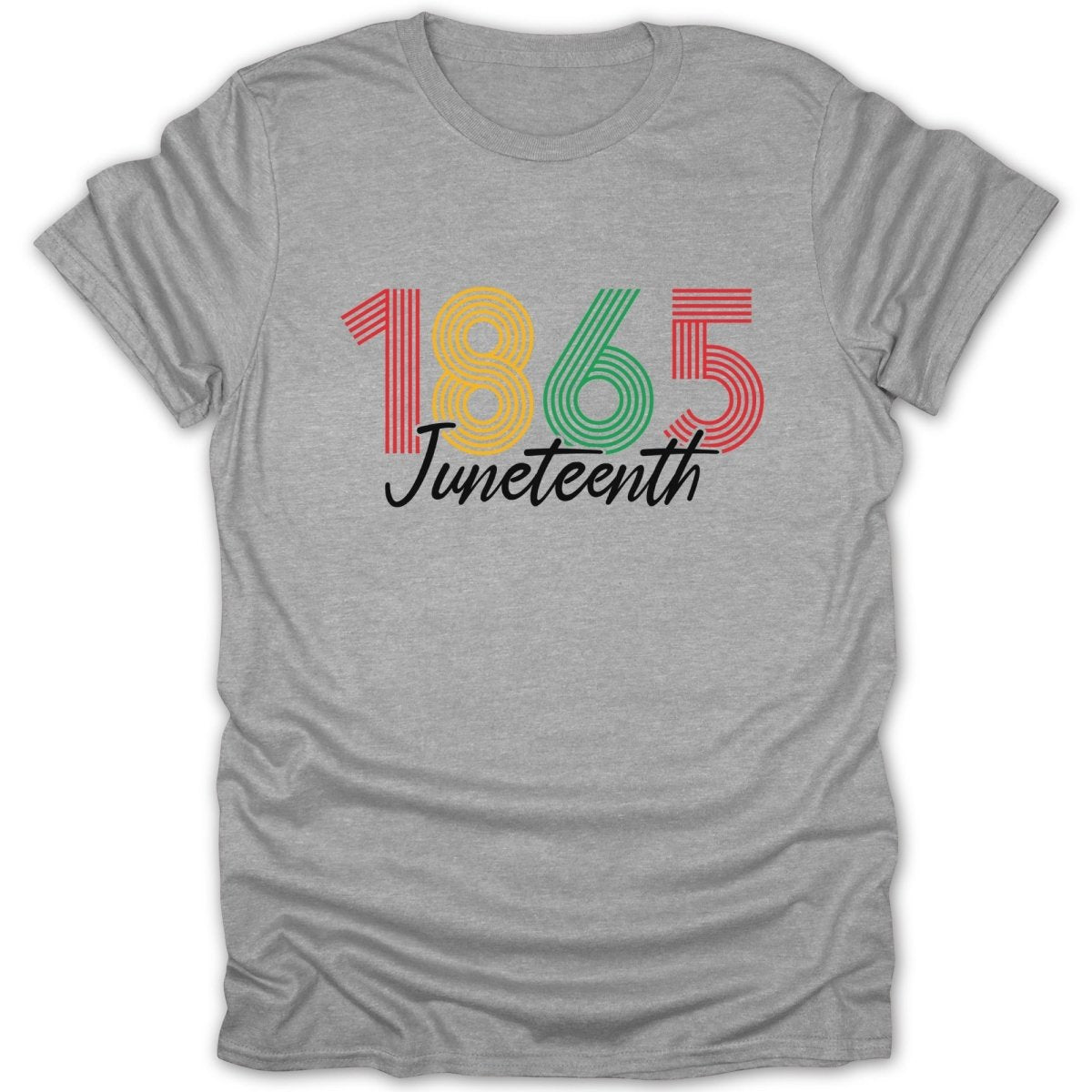 Grey t-shirt with "1865 Juneteenth" text in colorful striped digits and script.