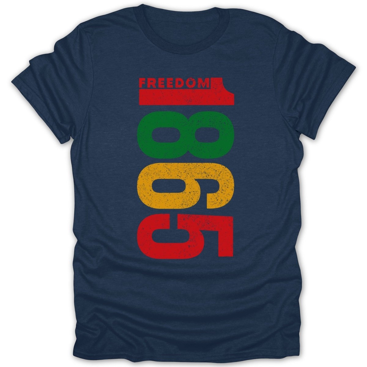 Navy t-shirt with large "1865 FREEDOM" in red, green, and yellow.