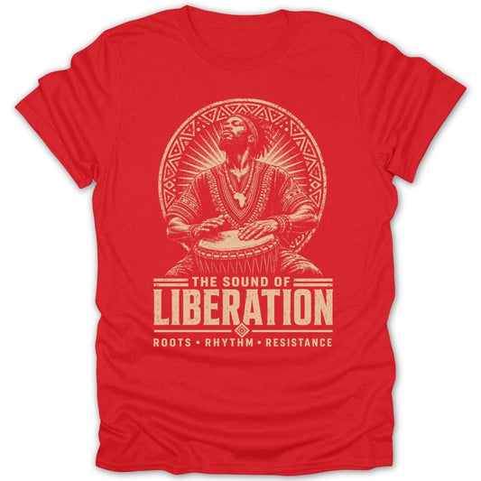 Red t-shirt with "The Sound of Liberation" text and a drummer graphic.