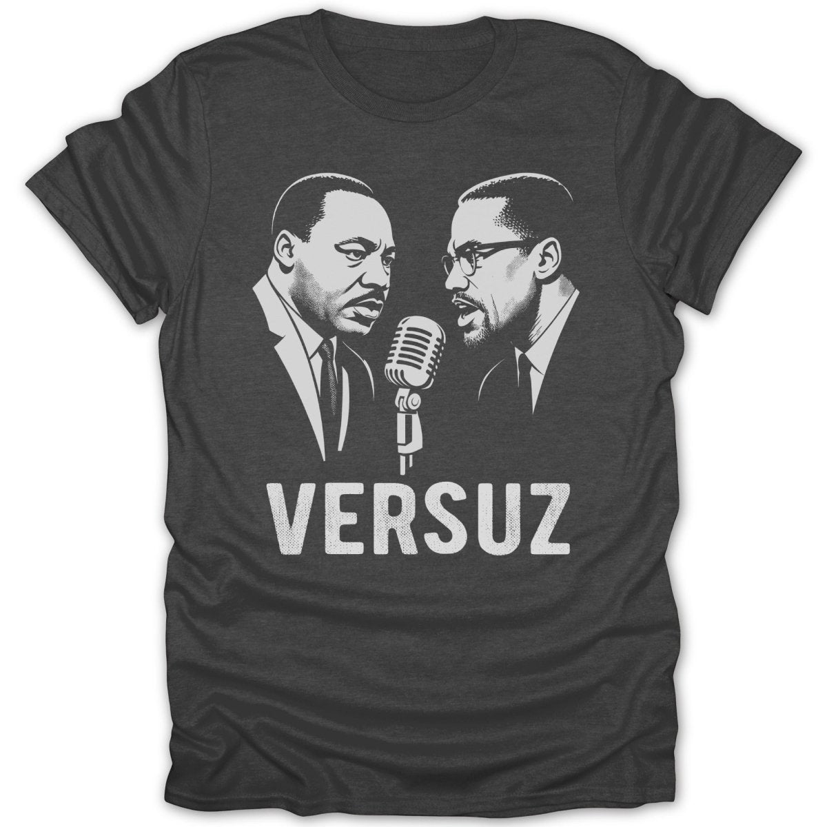 Martin Luther King Jr. and Malcolm X portraits flank a vintage microphone with "VERSUZ" text.