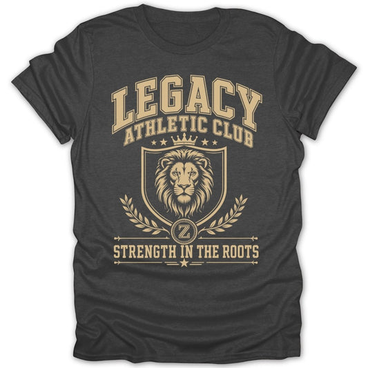 Dark t-shirt with "Legacy Athletic Club" and lion crest design.