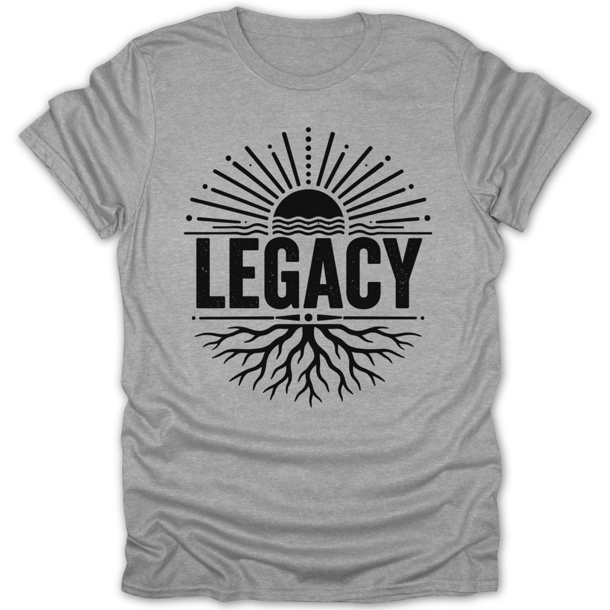 Gray t-shirt with sun, roots, and the word LEGACY.