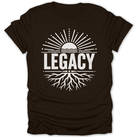 Dark t-shirt with white "LEGACY" text, sun, and roots graphic.