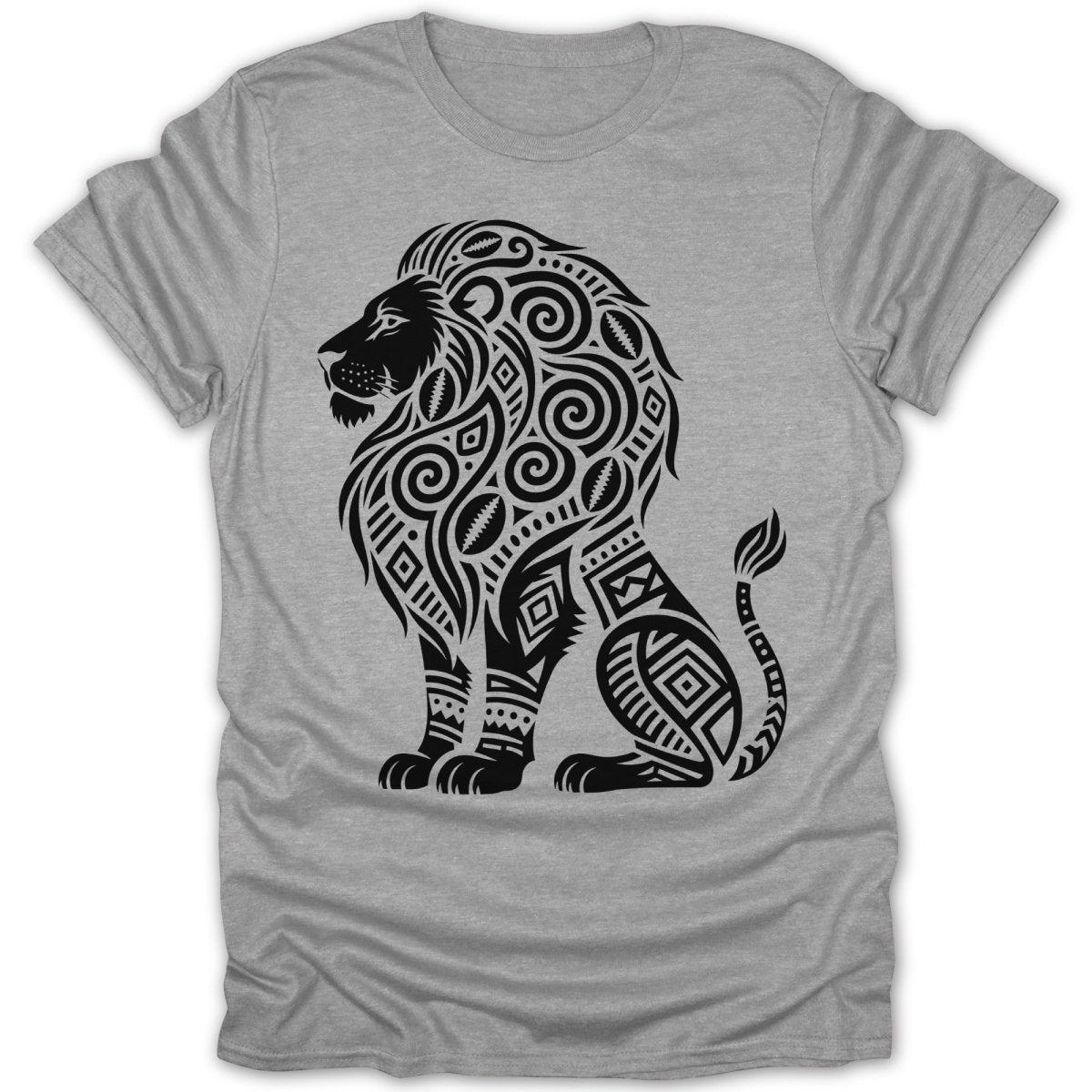 Grey t-shirt with a black tribal lion design.
