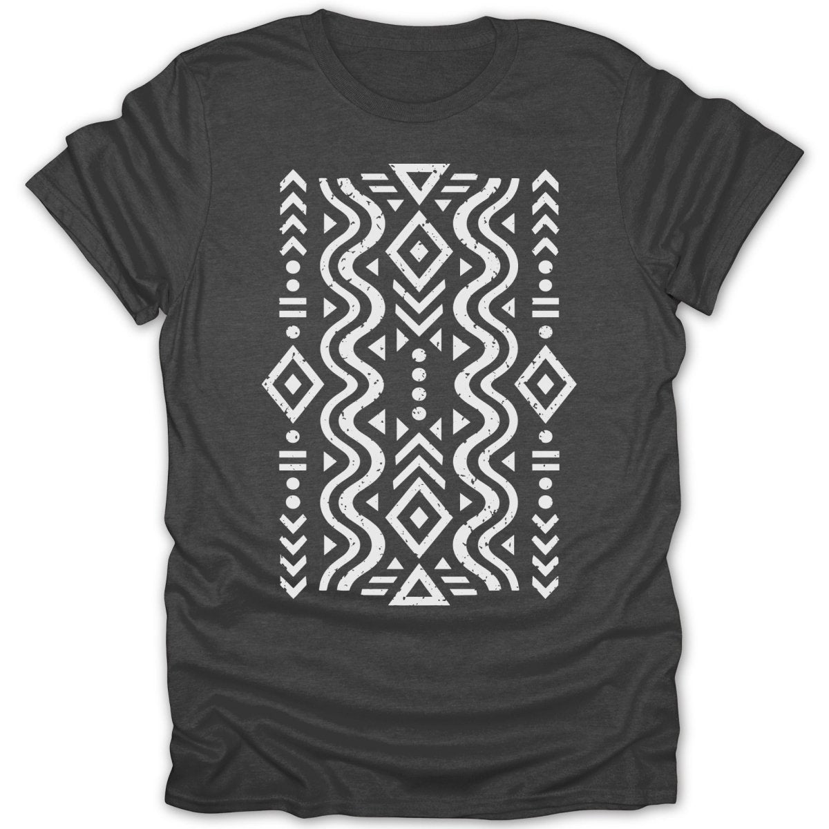 Dark grey t-shirt with a white geometric, zigzag, and diamond pattern.