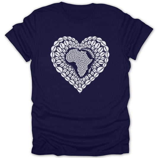 Navy t-shirt with a white heart outline filled with Africa map and cowrie shells.