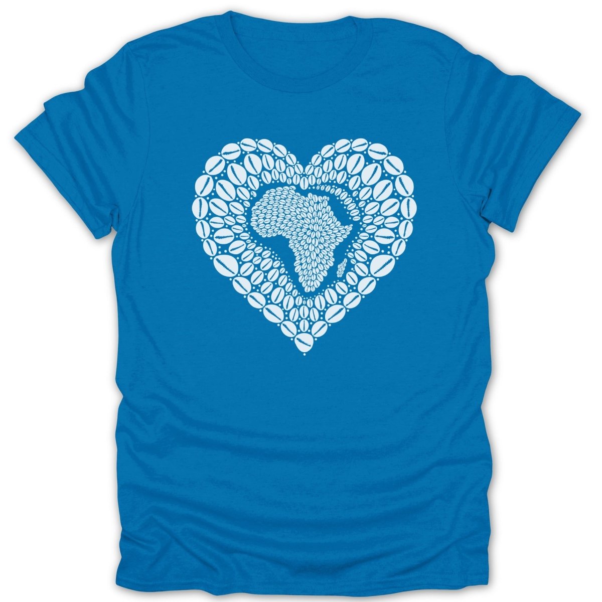 Blue t-shirt with a white heart-shaped African continent made of coffee beans.