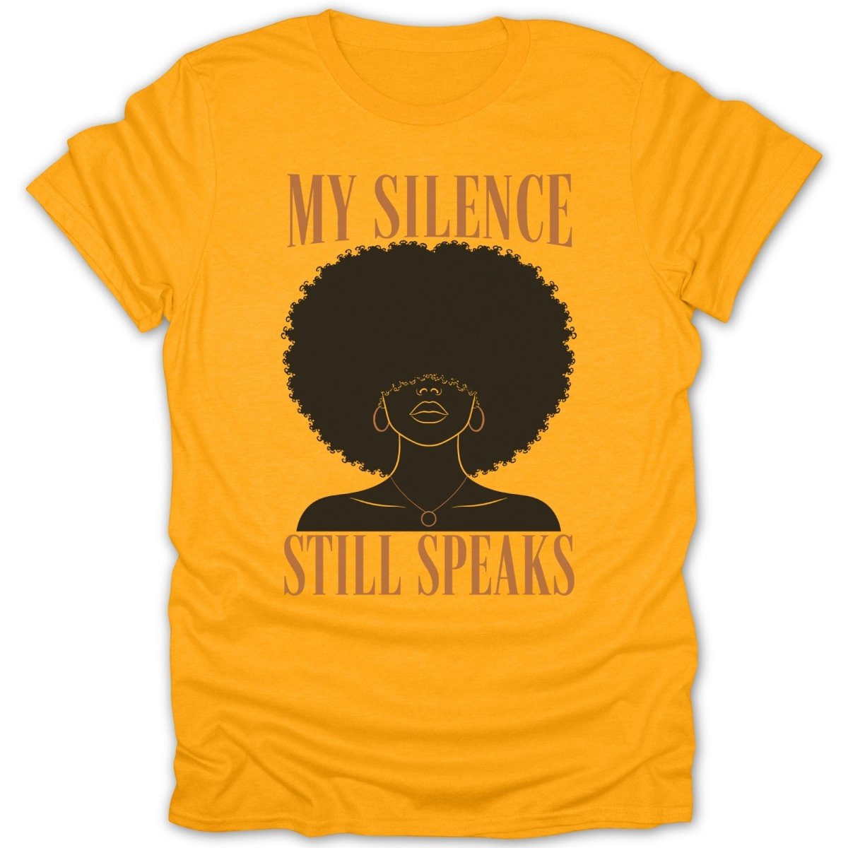 Yellow t-shirt with graphic "My Silence Still Speaks" and silhouette of a woman.