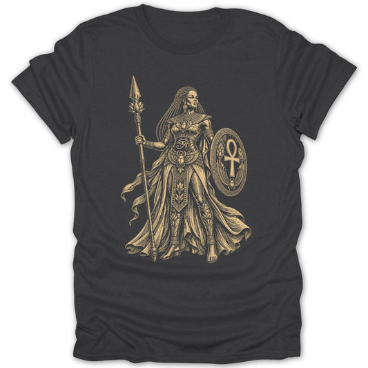 Egyptian queen with spear and Ankh shield, eye of Horus and scarabs.