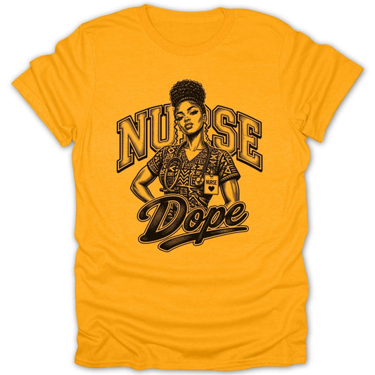 Yellow t-shirt with black graphic of a nurse and the word "Dope".