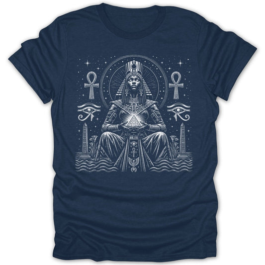 T-shirt graphic featuring a seated Egyptian queen holding a pyramid.