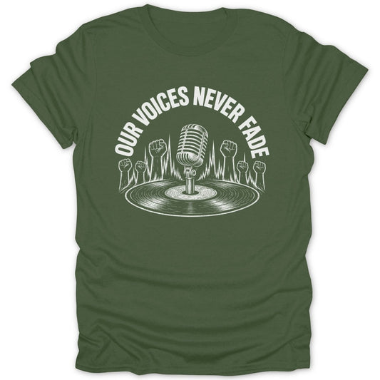 Green t-shirt with white graphic: vintage microphone, vinyl record, raised fists, and text.