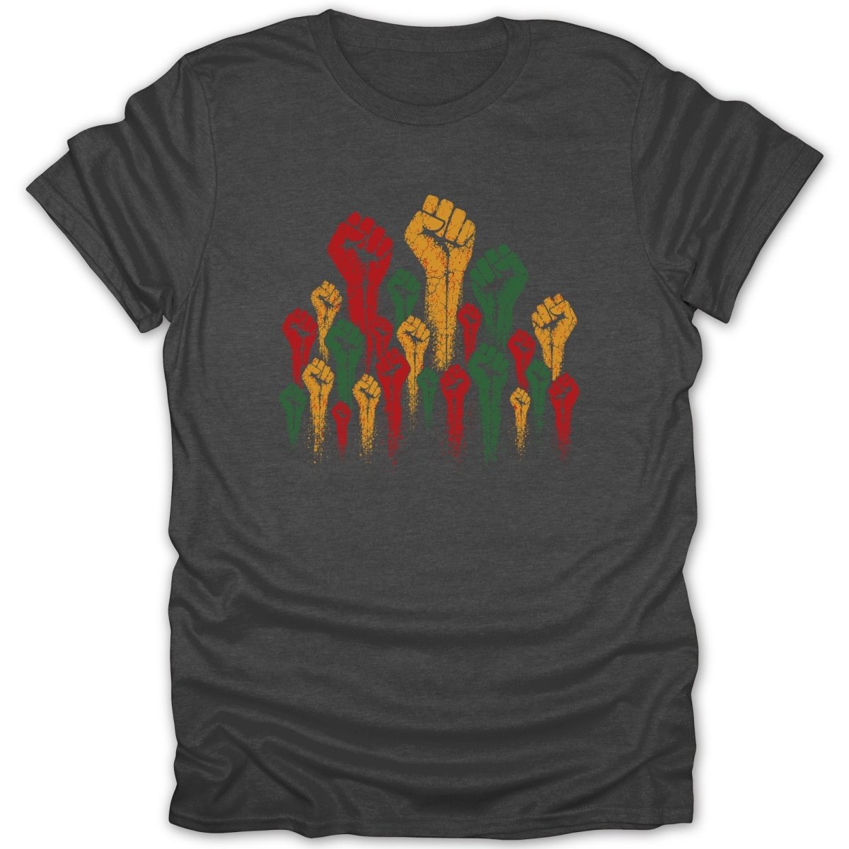 Dark grey t-shirt with a grunge-style graphic of raised fists in red, green, and yellow.