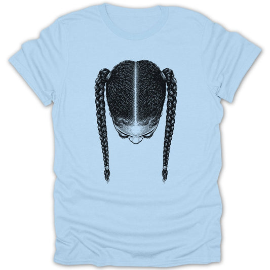 Light blue t-shirt with a black and white sketch of a girl's braided hair.