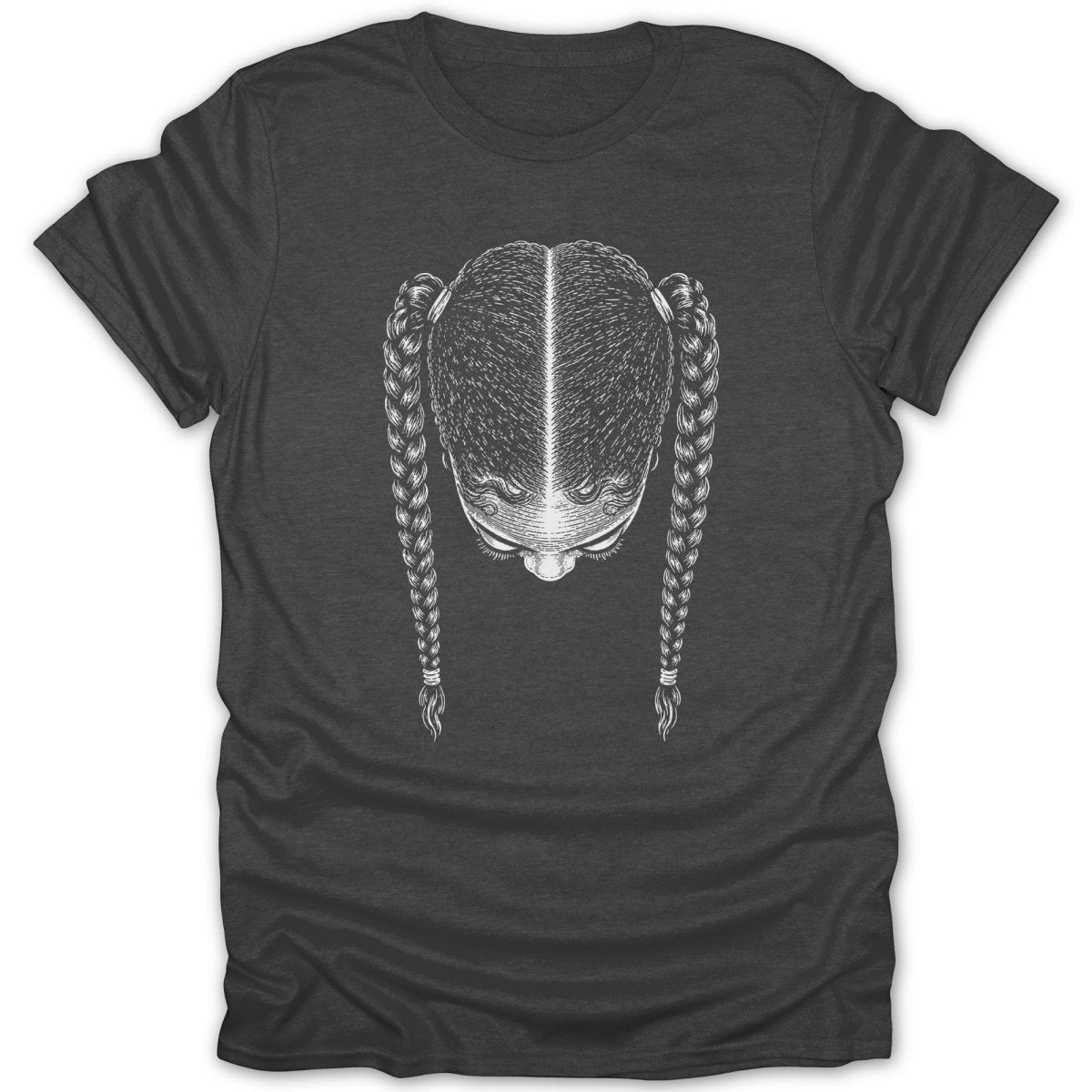 Charcoal t-shirt with a white line drawing of a person with braided hair, facing down.