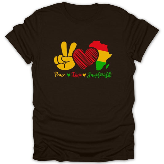 Brown t-shirt with Juneteenth design: Peace, Love, and Africa map.