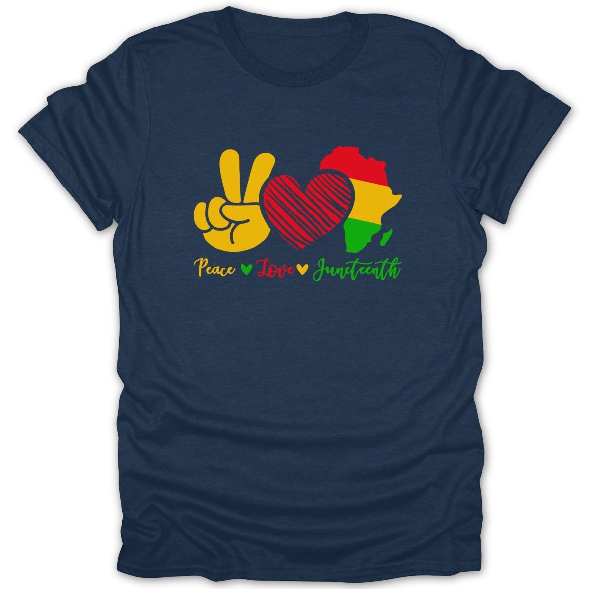 Navy t-shirt with "Peace Love Juneteenth" and African map with heart.
