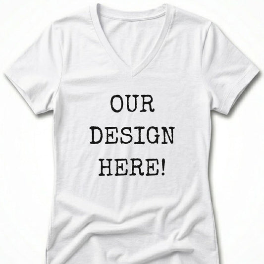 White v-neck t-shirt with "OUR DESIGN HERE!" text.