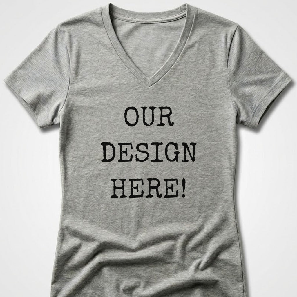 Grey v-neck t-shirt with "OUR DESIGN HERE!" text in black.