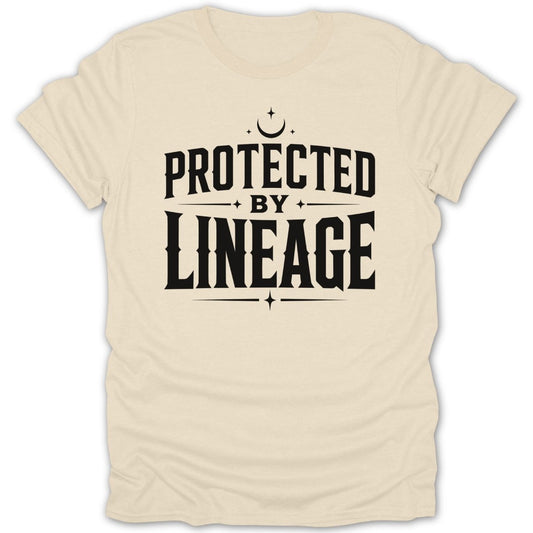 Cream t-shirt with black text "PROTECTED BY LINEAGE" and celestial graphics.