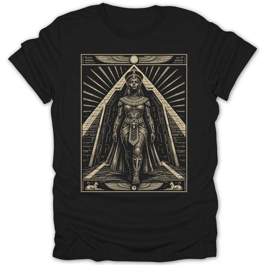 Egyptian queen in ornate armor walking down a pyramid path.