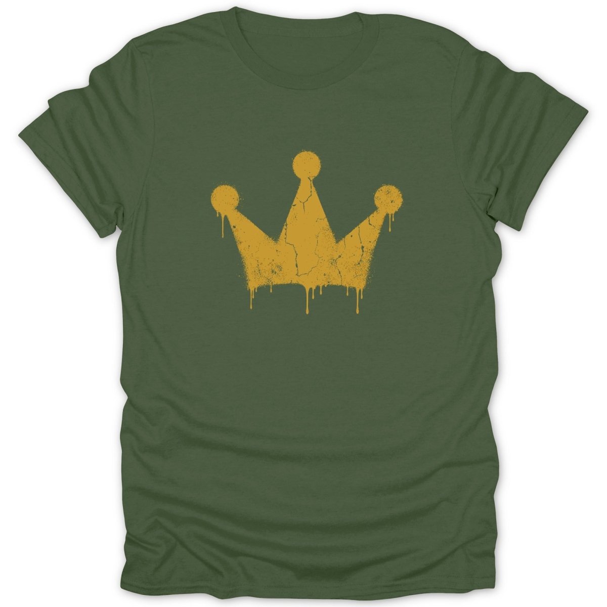 Green t-shirt with a distressed gold crown graphic with dripping paint.