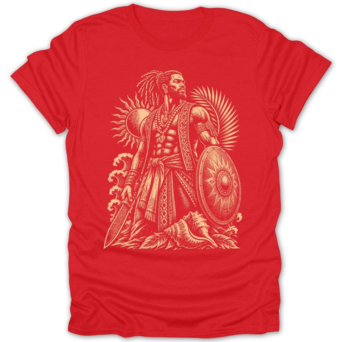 Red t-shirt with a tan print of a warrior holding a sword and shield.
