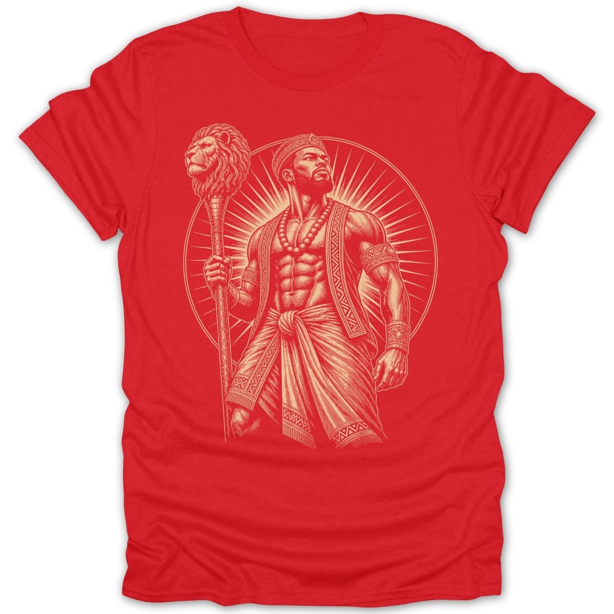 Red t-shirt with a radiant sun graphic behind a muscular man holding a lion-headed scepter.
