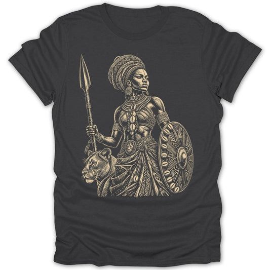Illustration of an African warrior woman with a spear and shield, beside a lion.