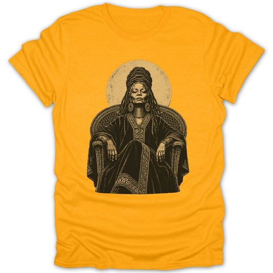 Illustration of an elder seated in a chair with ornate clothing and headdress.