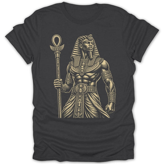 Black t-shirt with an engraved-style illustration of an Egyptian pharaoh holding a staff.