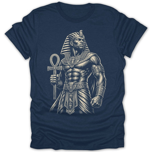 Man in Egyptian headdress holding an ankh, muscular physique, dark blue t-shirt.