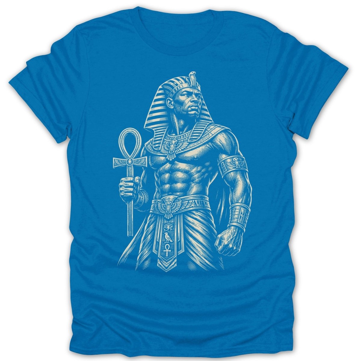 Muscular man in ancient Egyptian attire holds an ankh symbol.
