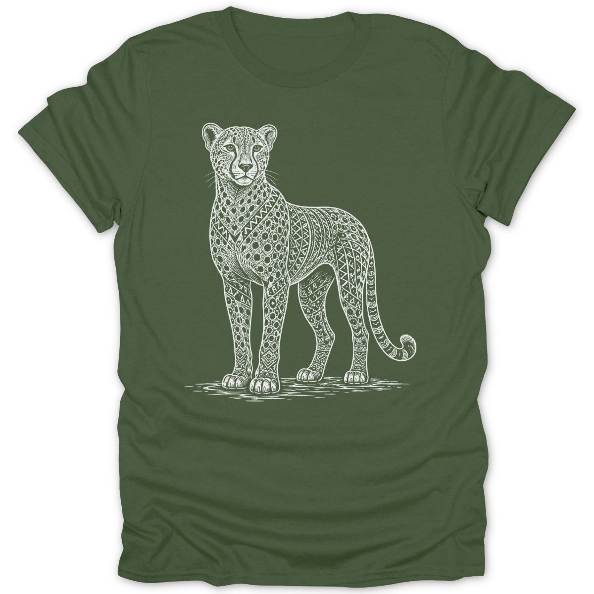 Green t-shirt with a white line drawing of a stylized cheetah wearing ornate patterns.