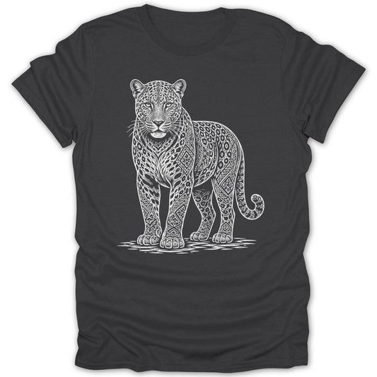 White tribal pattern jaguar design on a dark gray t-shirt.
