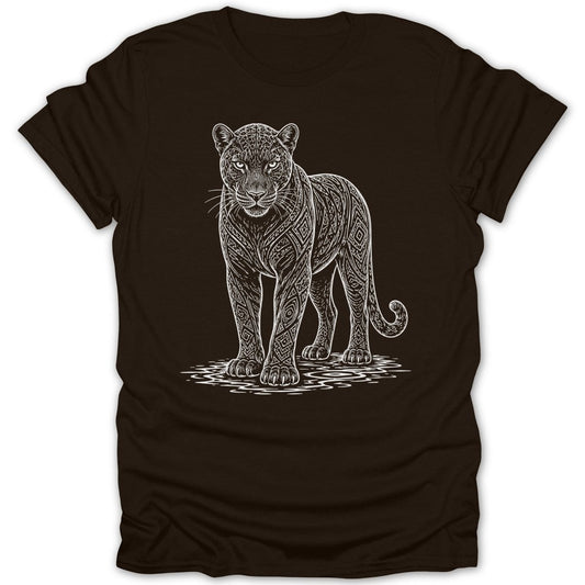 Black t-shirt with a white line drawing of a panther with ornamental patterns.