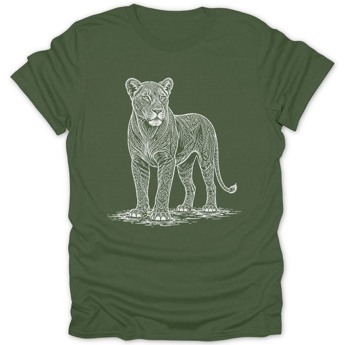 White line art of a lioness with intricate patterns on a green t-shirt.