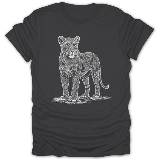 White line art of a lioness with intricate patterns stands on a dark t-shirt.